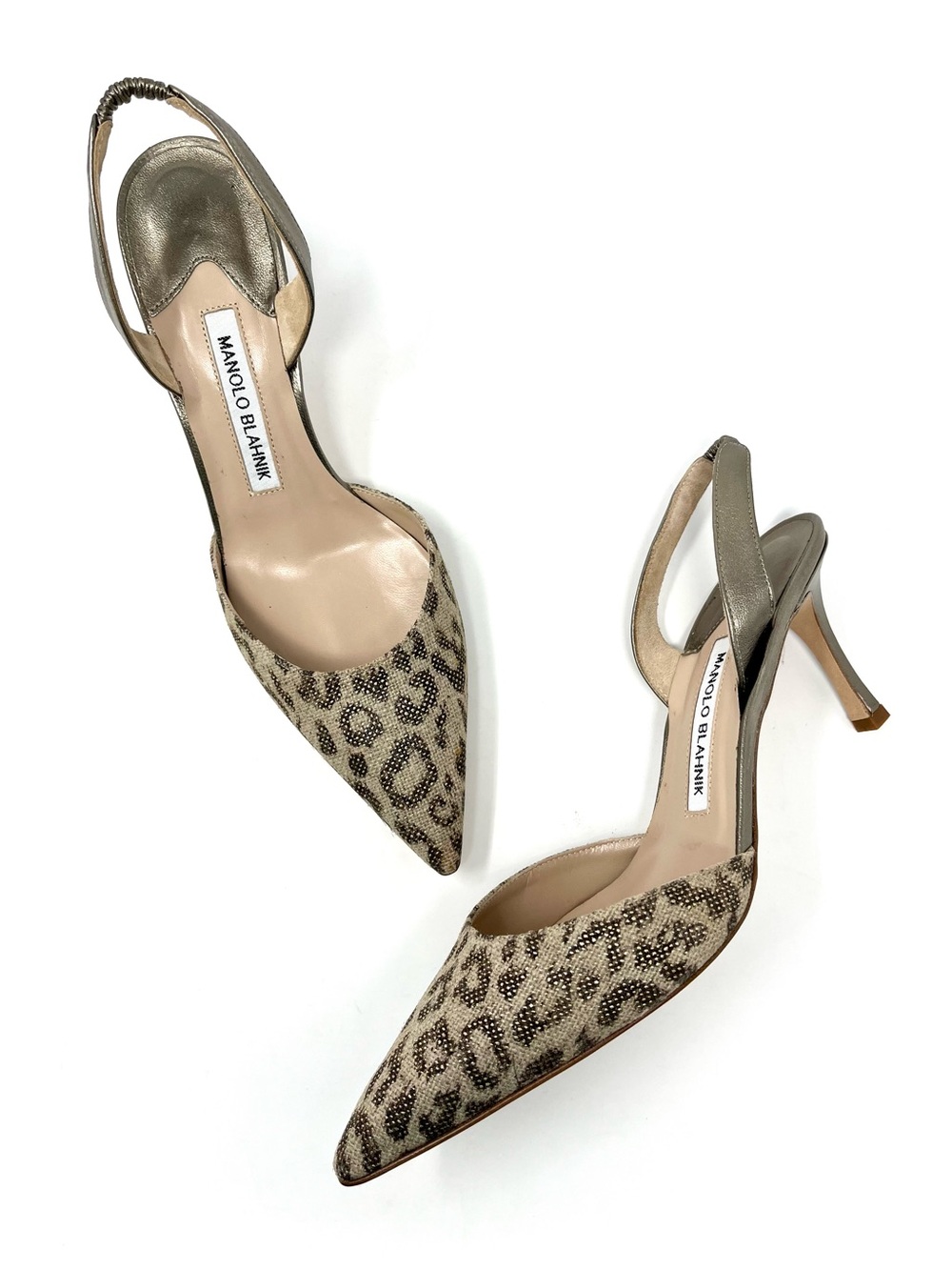 NEW Manolo Blahnik Leopard Beige‎ Brown Gold Carolyne Slingback Heels Pumps 37.5